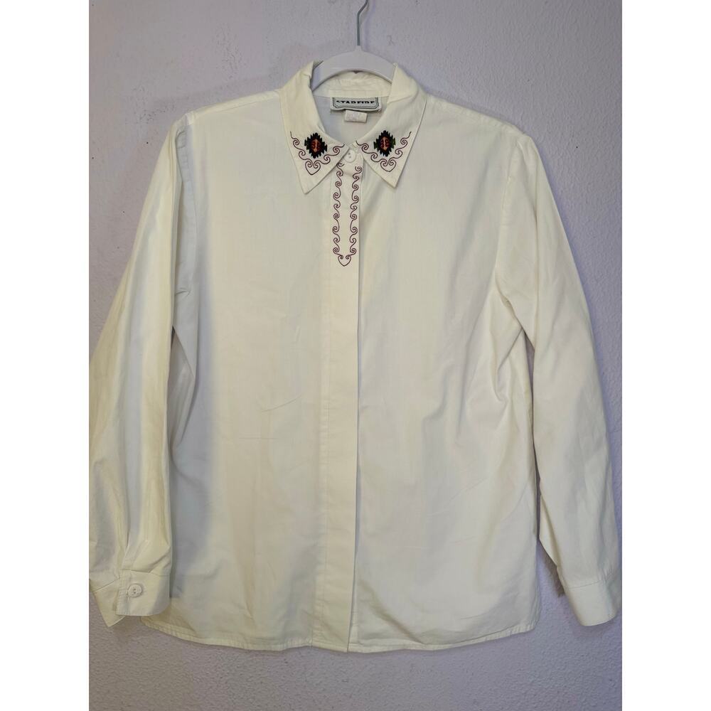 Vintage Starfire‎ Western Blouse Embroidered Womens White Ranch M Prairie Boho